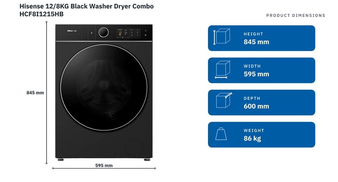 Hisense 12/8KG Black Washer Dryer Combo HCF8I1215HB — product dimensions