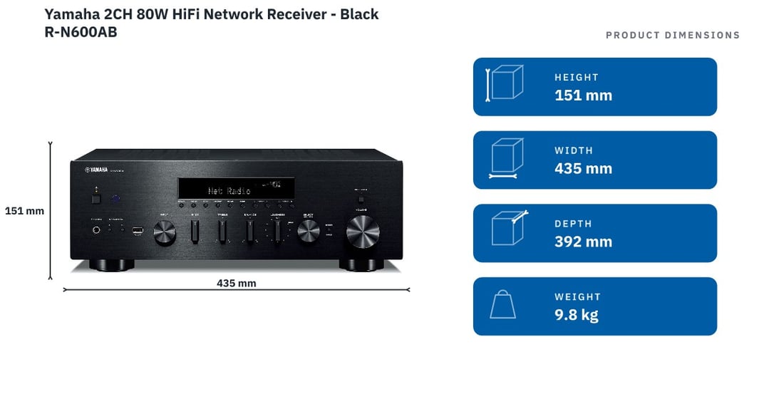 Yamaha 2CH 80W HiFi Network Receiver - Black R-N600AB — product dimensions