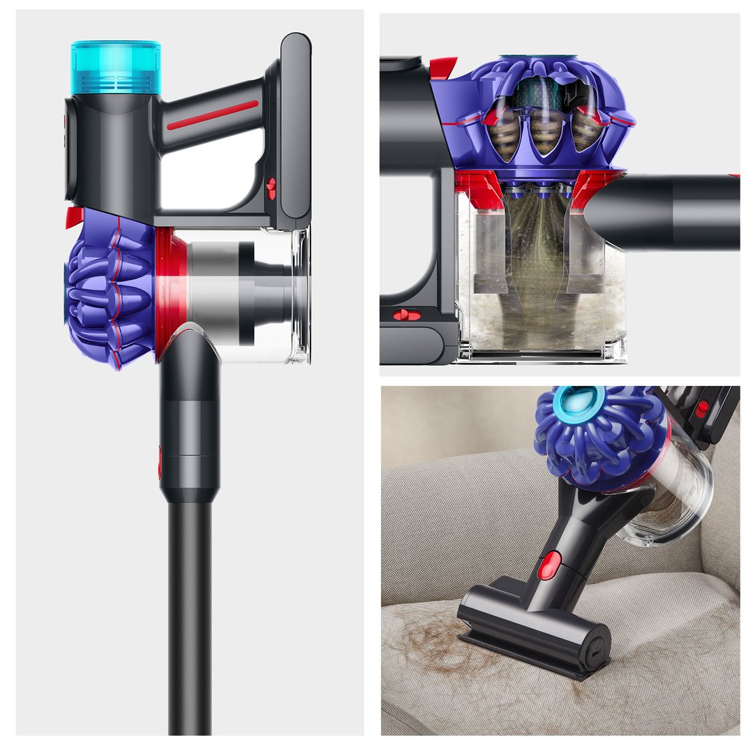 Dyson V10 Konical cordless vacuum cleaning pet hair from a sofa