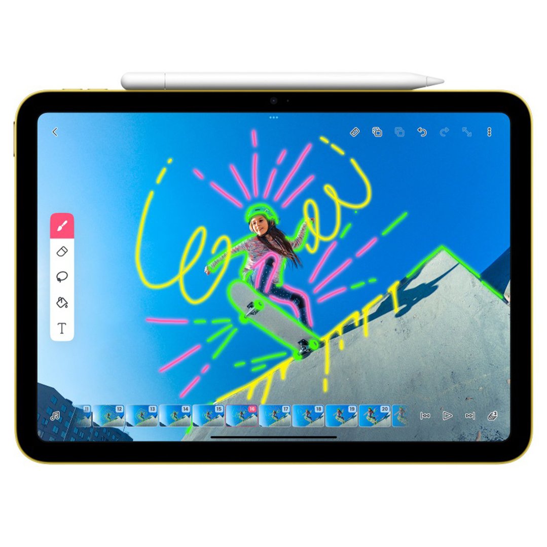 Apple Pencil (USB-C) attached to a yellow iPad showing a girl skateboarding