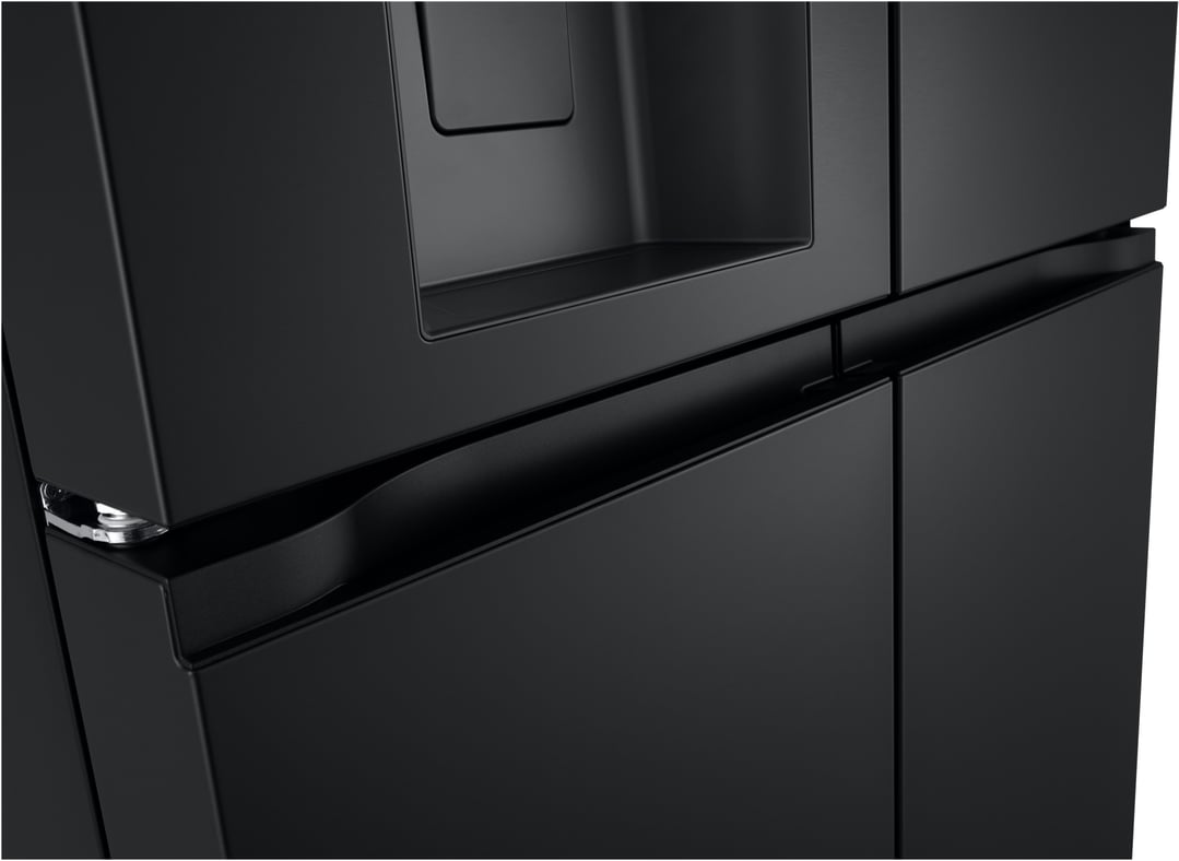 Close up of the matte black LG fridge with handles and dispenser