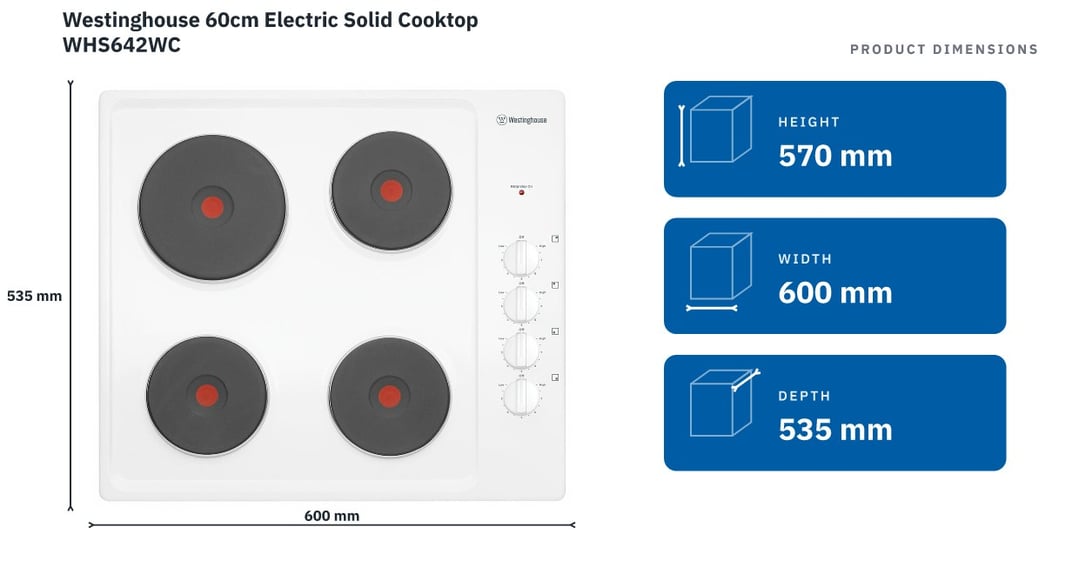 Westinghouse 60cm Electric Solid Cooktop WHS642WC — product dimensions