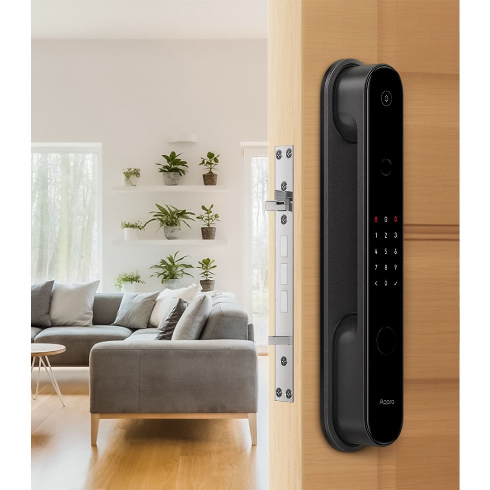 Smart digital door lock on a wooden door, with a living room in the background