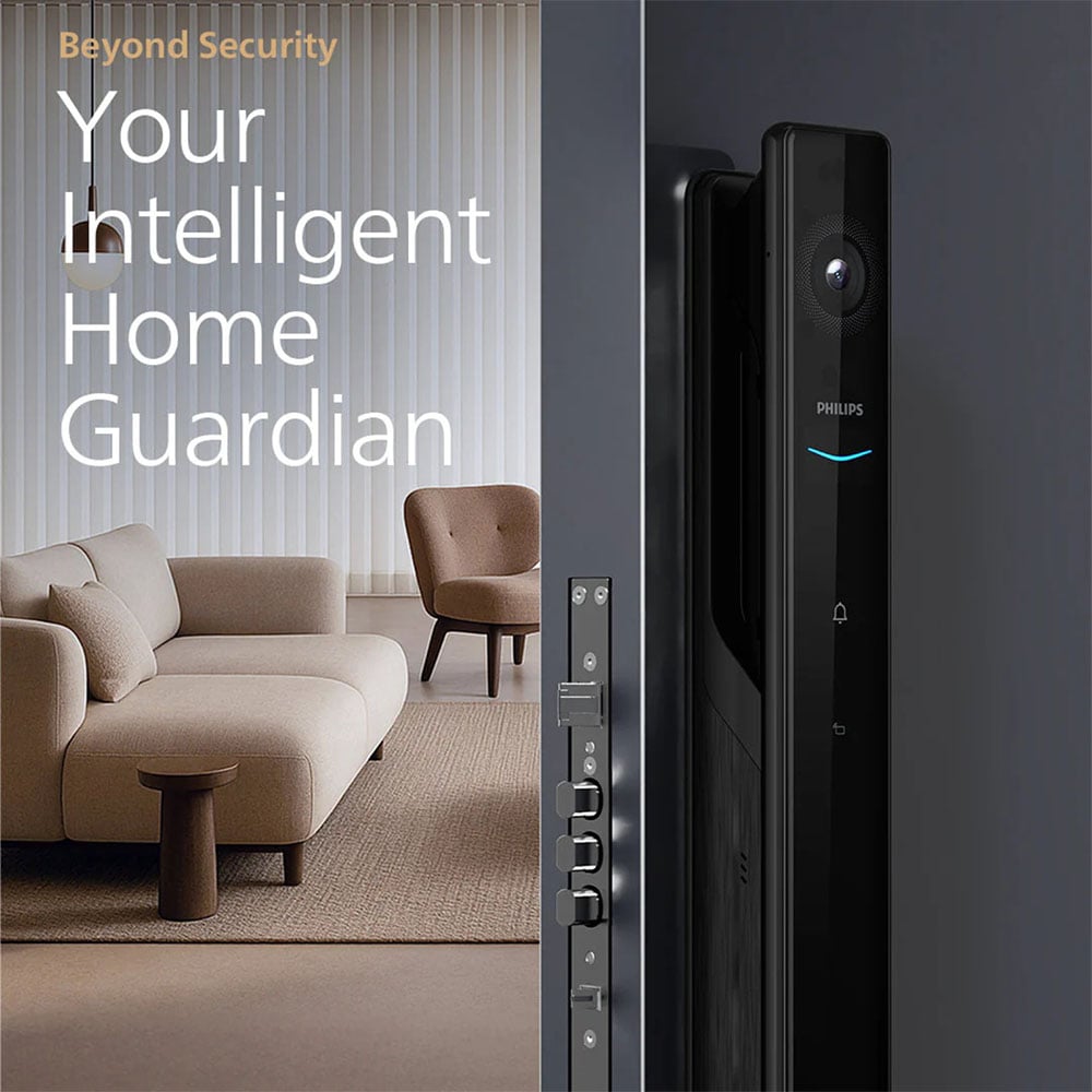 Smart lock on a door, with a living room visible through the open door