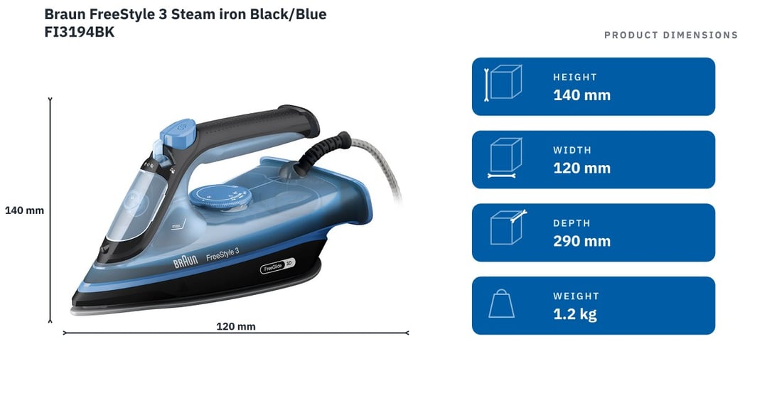 Braun FreeStyle 3 Steam iron Black/Blue FI3194BK — product dimensions