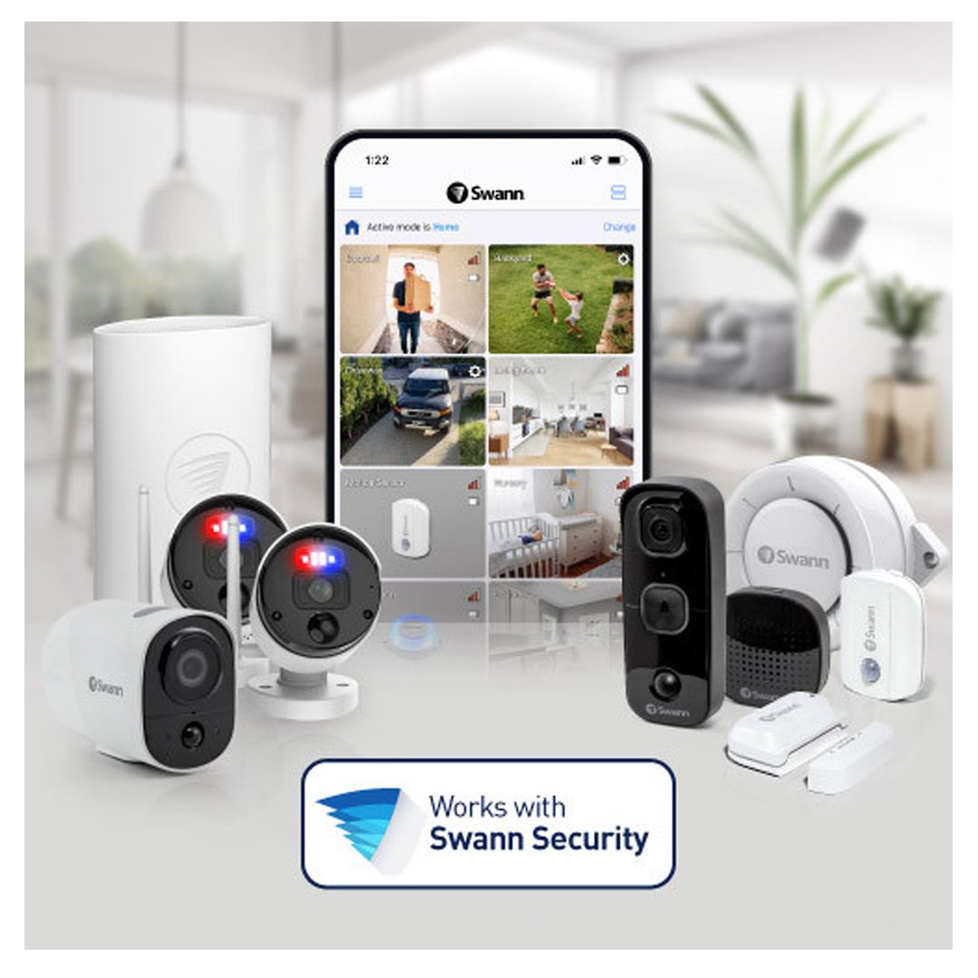 Multiple security cameras and accessories with a smartphone displaying the app interface