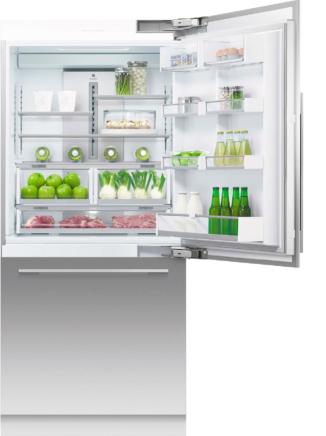 Integrated refrigerator freezer with open door showing food items inside