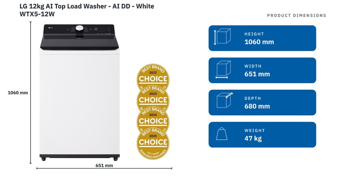 LG 12kg AI Top Load Washer - AI DD - White WTX5-12W — product dimensions