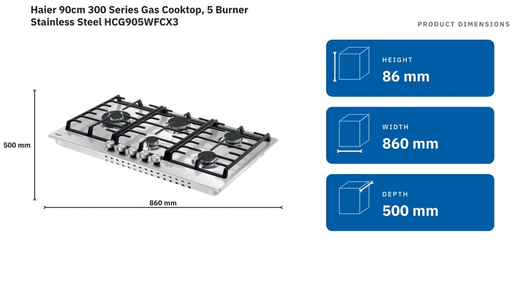 Haier 90cm 300 Series Gas Cooktop, 5 Burner Stainless Steel HCG905WFCX3 — product dimensions