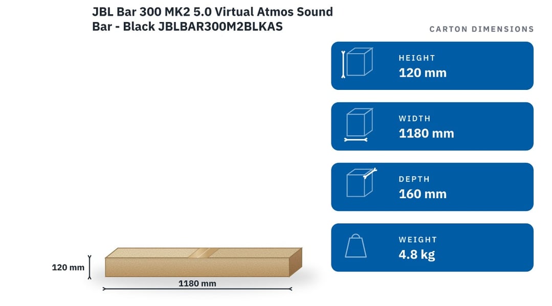 JBL Bar 300 MK2 5.0 Virtual Atmos Sound Bar - Black JBLBAR300M2BLKAS — packaged dimensions