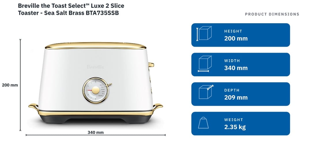 Breville the Toast Select™ Luxe 2 Slice Toaster - Sea Salt Brass BTA735SSB — product dimensions