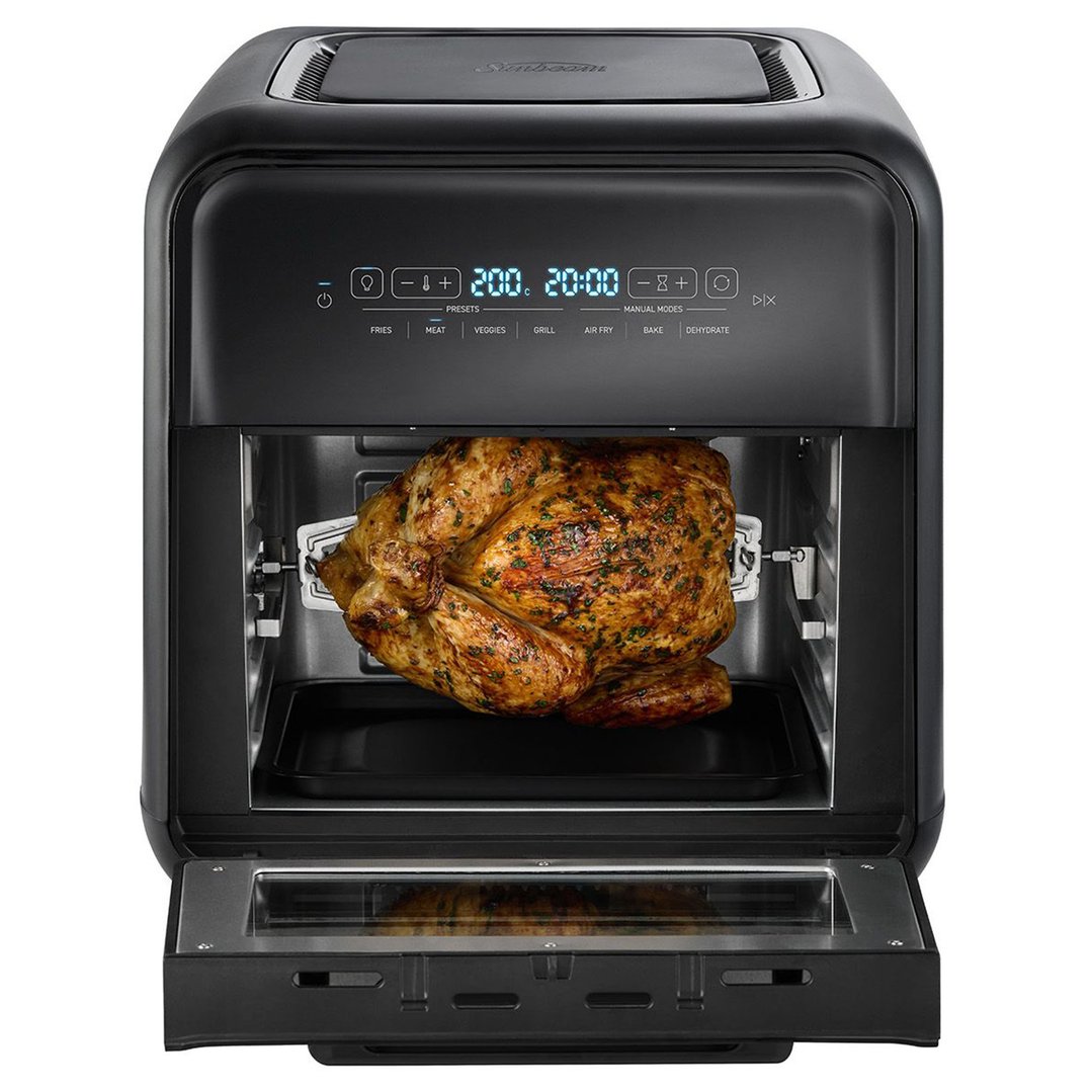 Sunbeam All-In-One Air Fryer Oven with a whole chicken cooking inside