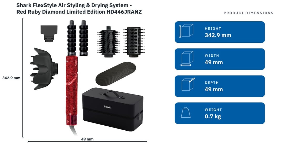 Shark FlexStyle Air Styling & Drying System - Red Ruby Diamond Limited Edition HD446JRANZ — product dimensions