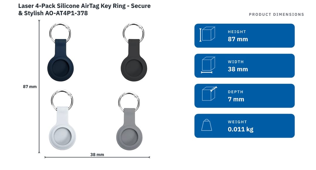 Laser 4-Pack Silicone AirTag Key Ring - Secure & Stylish AO-AT4P1-378 — product dimensions