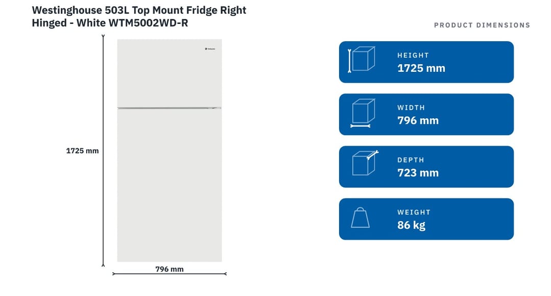 Westinghouse 503L Top Mount Fridge Right Hinged - White WTM5002WD-R