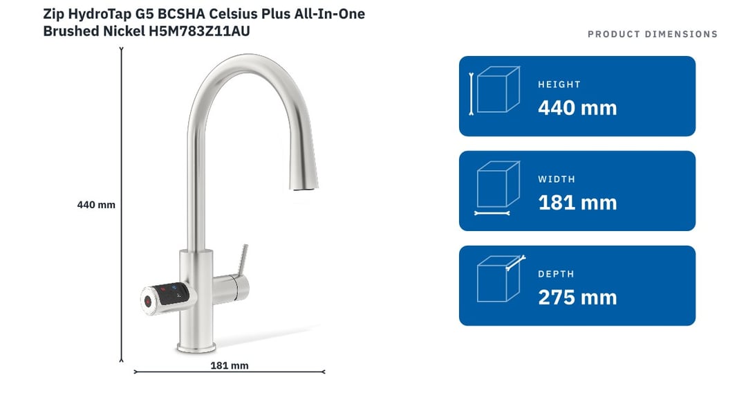 Zip HydroTap G5 BCSHA Celsius Plus All-In-One Brushed Nickel H5M783Z11AU — product dimensions
