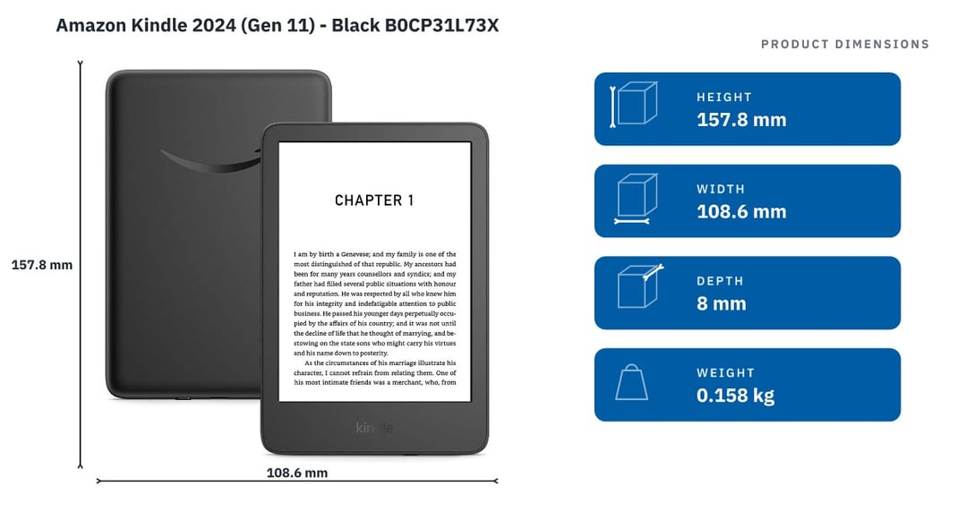 Amazon Kindle 2024 (Gen 11) - Black B0CP31L73X — product dimensions
