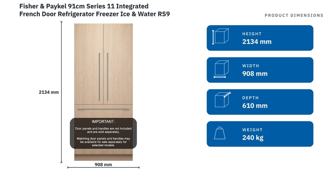 Fisher & Paykel 91cm Series 11 Integrated French Door Refrigerator Freezer Ice & Water RS9121AUVE1 — product dimensions