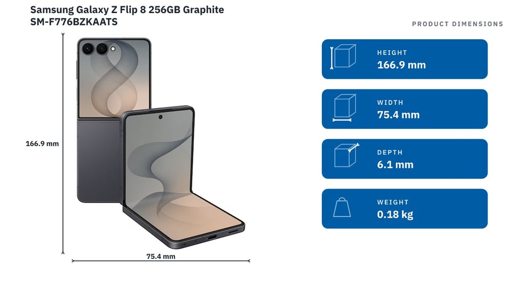 Samsung Galaxy Z Flip 8 256GB Graphite SM-F776BZKAATS — product dimensions