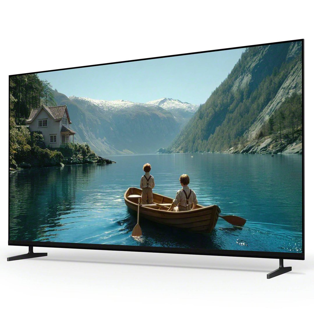 A SONY tv displaying a scenic image of two boys in a boat on a lake