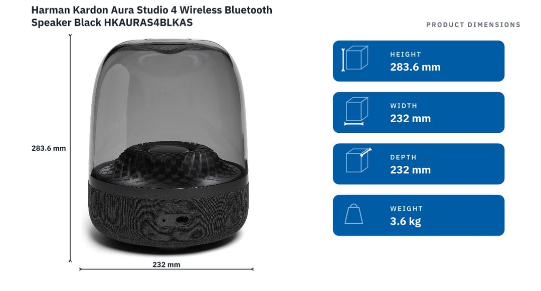 Harman Kardon Aura Studio 4 Wireless Bluetooth Speaker Black HKAURAS4BLKAS — product dimensions