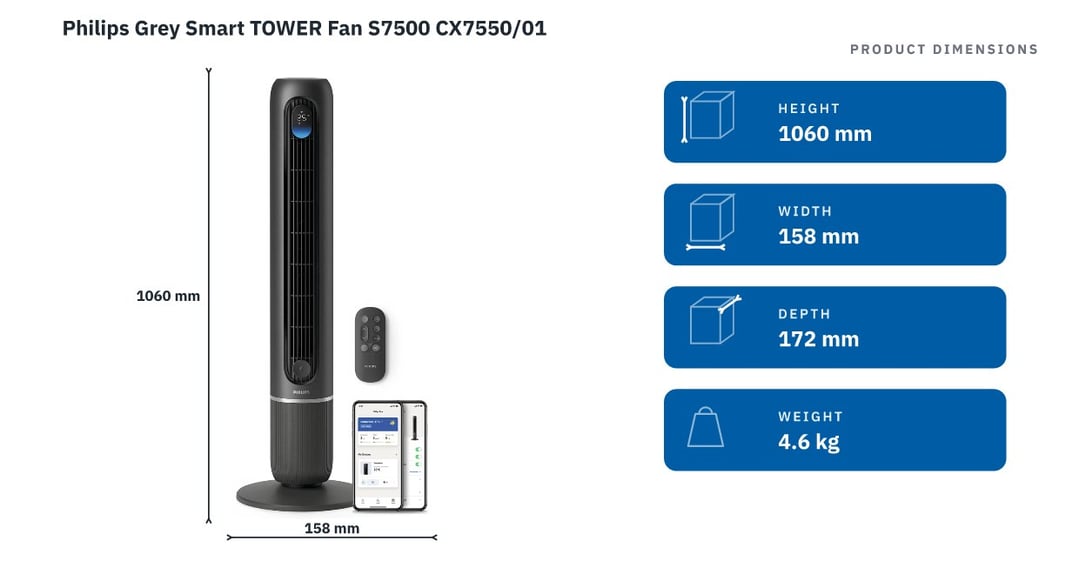 Philips Grey Smart TOWER Fan S7500 CX7550/01 — product dimensions