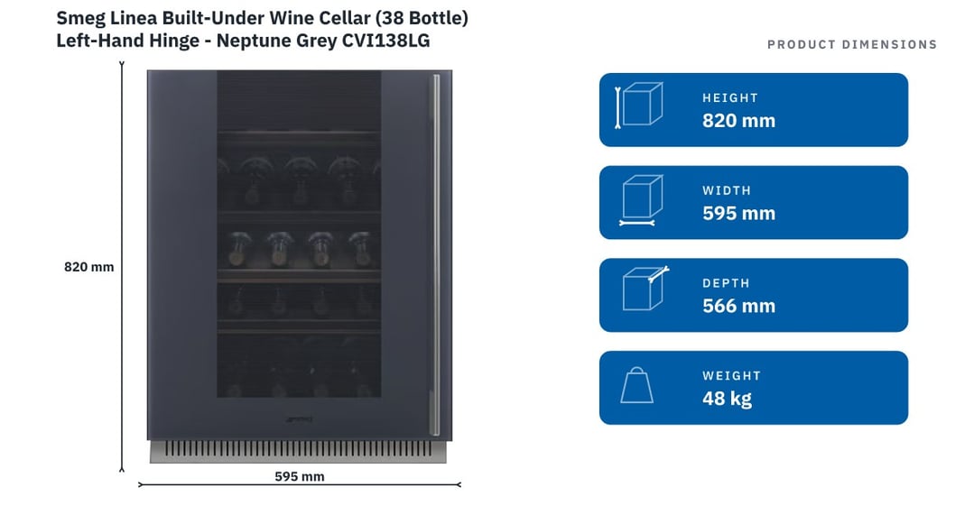 Smeg Linea Built-Under Wine Cellar (38 Bottle) Left-Hand Hinge - Neptune Grey CVI138LG — product dimensions