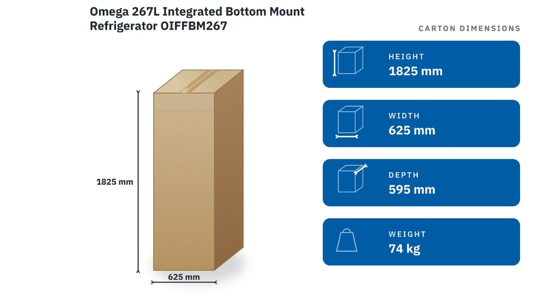 Omega 267L Integrated Bottom Mount Refrigerator OIFFBM267 — packaged dimensions