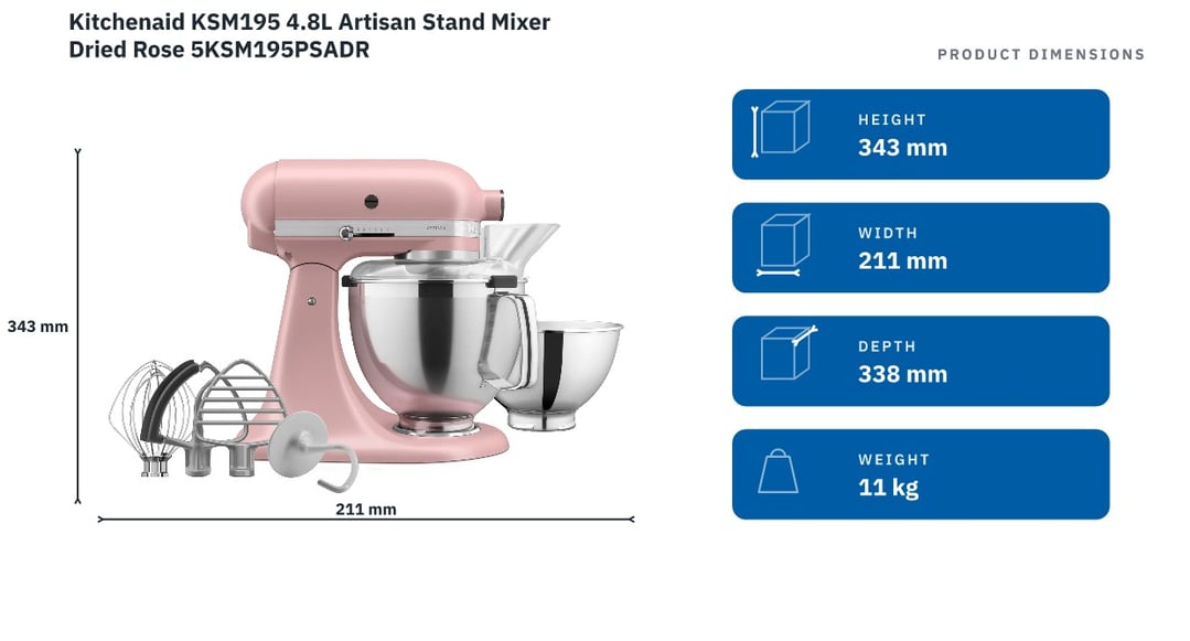 Kitchenaid KSM195 4.8L Artisan Stand Mixer Dried Rose 5KSM195PSADR — product dimensions