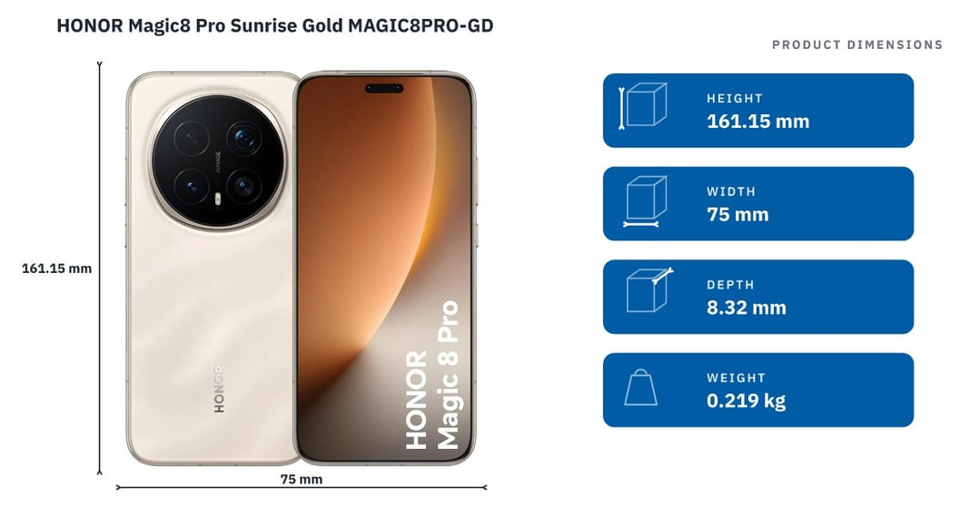 HONOR Magic8 Pro Sunrise Gold MAGIC8PRO-GD — product dimensions