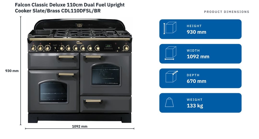 Falcon Classic Deluxe 110cm Dual Fuel Upright Cooker Slate/Brass CDL110DFSL/BR — product dimensions