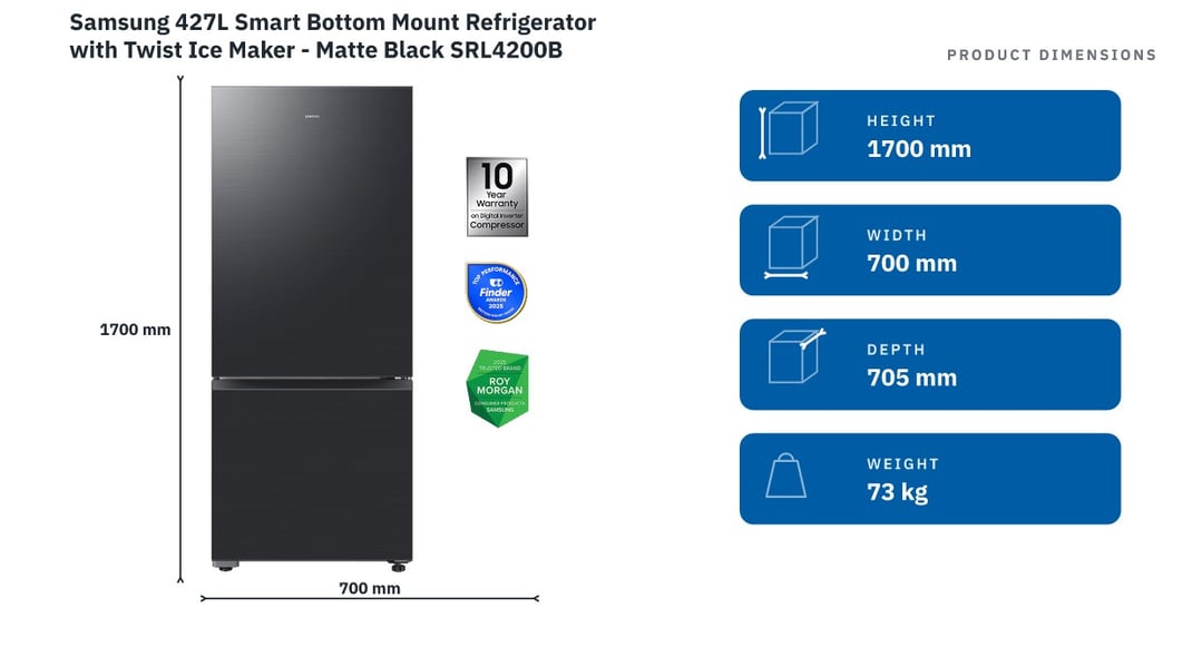 Samsung 427L Smart Bottom Mount Refrigerator with Twist Ice Maker - Matte Black SRL4200B