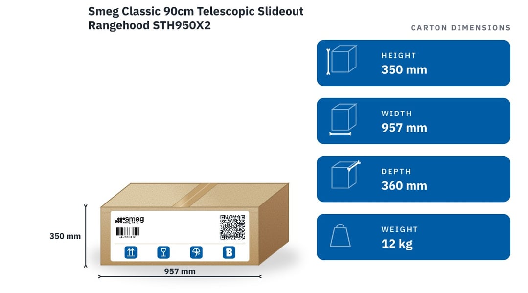 Smeg Classic 90cm Telescopic Slideout Rangehood STH950X2 — packaged dimensions