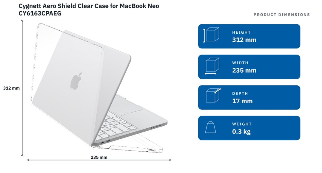 Cygnett Aero Shield Clear Case for MacBook Neo CY6163CPAEG — product dimensions