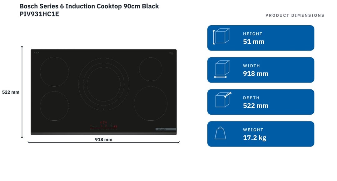 Bosch Series 6 Induction Cooktop 90cm Black PIV931HC1E — product dimensions