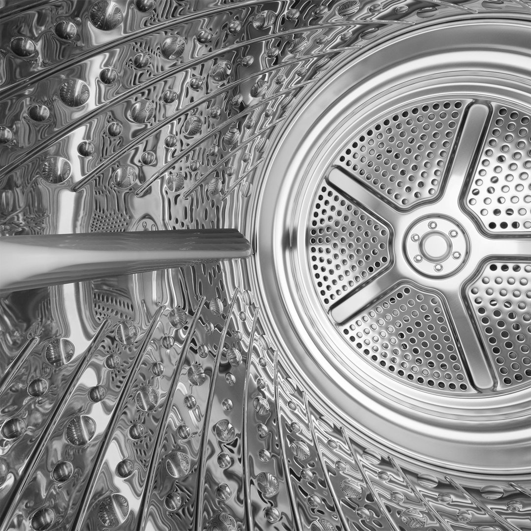 Close-up of the interior drum of a heat pump dryer