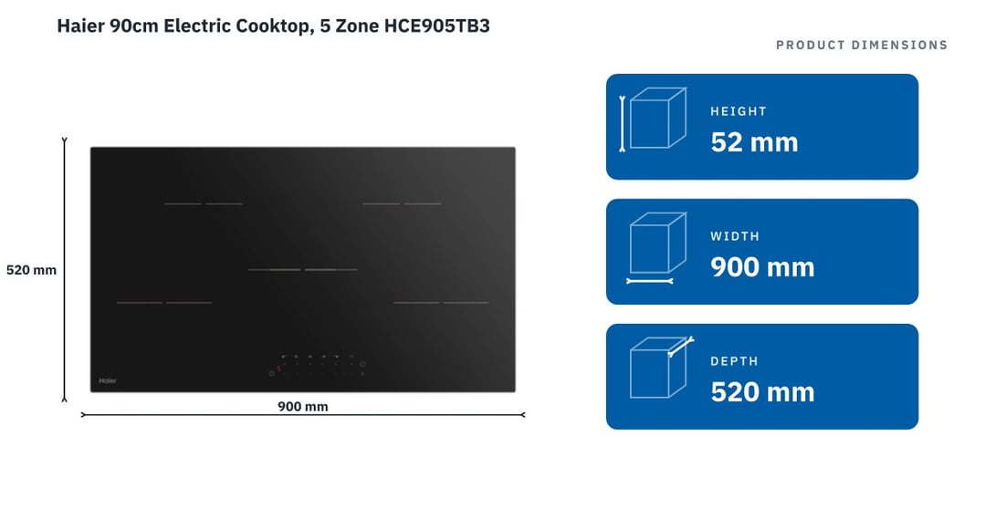Haier 90cm Electric Cooktop, 5 Zone HCE905TB3 — product dimensions