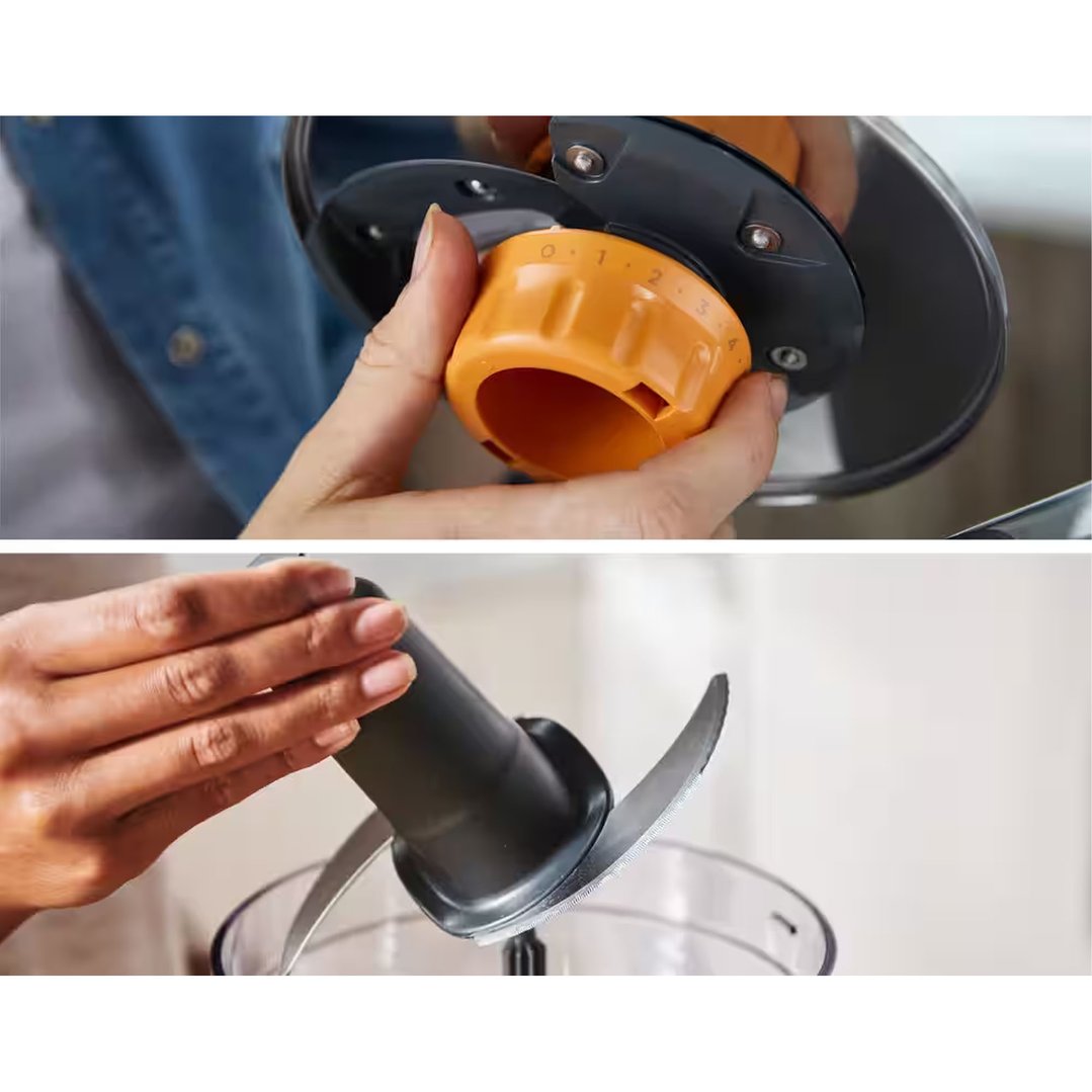 Hands adjusting the food processor attachment and placing the blade into the bowl