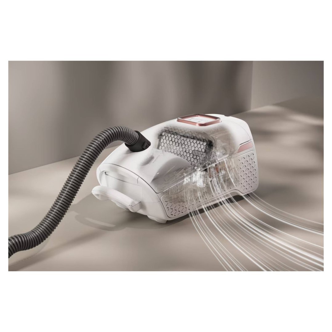 Vacuum cleaner with visible internal components and air flow on a neutral surface