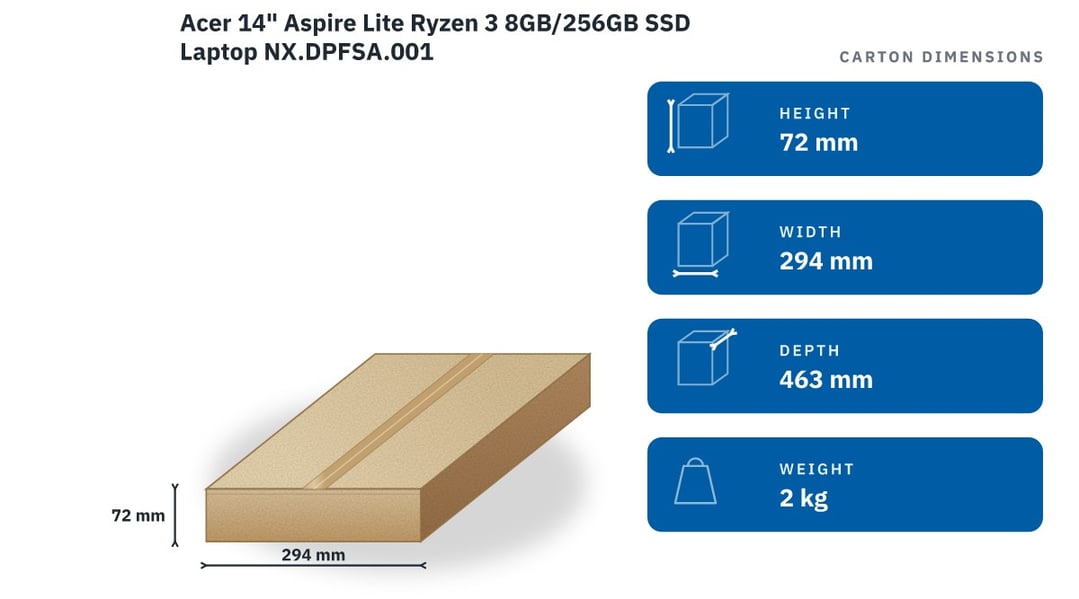 Acer 14" Aspire Lite Ryzen 3 8GB/256GB SSD Laptop NX.DPFSA.001 — packaged dimensions