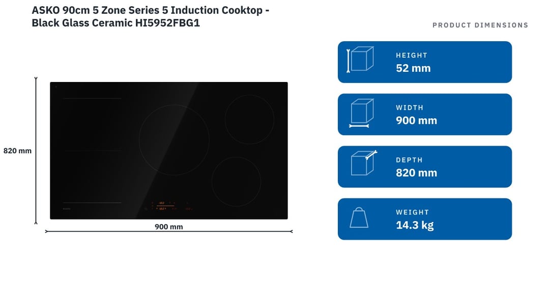 ASKO 90cm 5 Zone Series 5 Induction Cooktop - Black Glass Ceramic HI5952FBG1