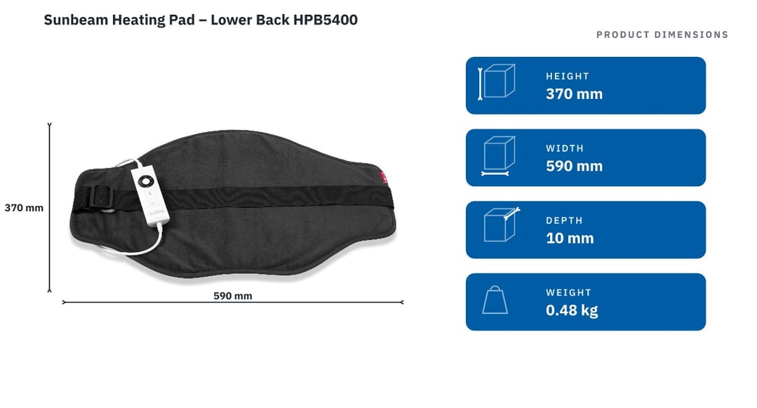 Sunbeam Heating Pad – Lower Back HPB5400 — product dimensions