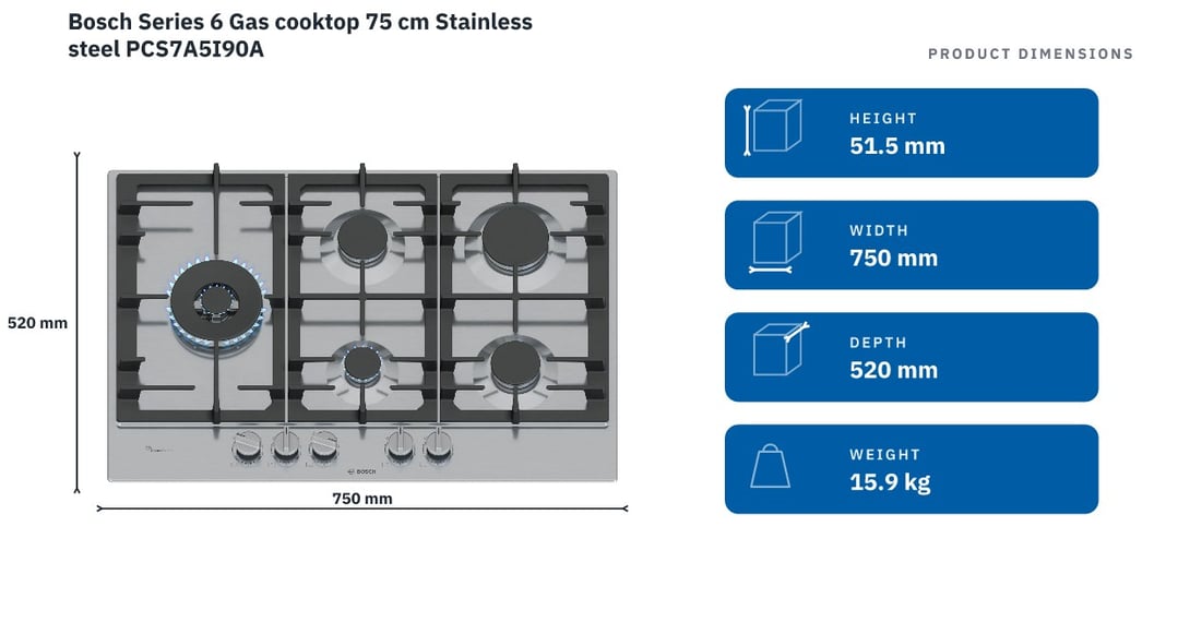 Bosch Series 6 Gas cooktop 75 cm Stainless steel PCS7A5I90A