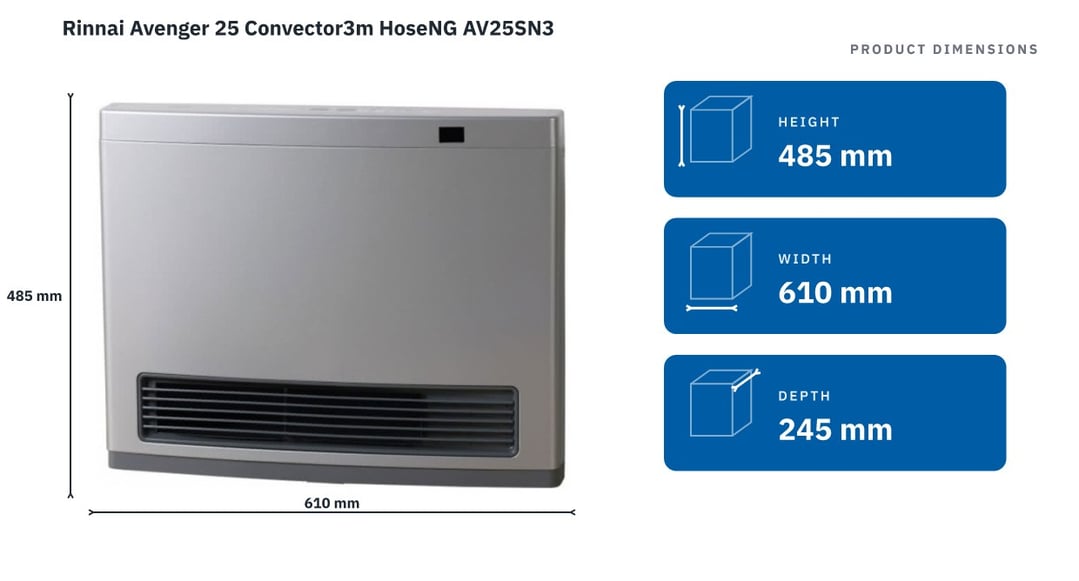 Rinnai Avenger 25 Convector3m HoseNG AV25SN3 — product dimensions
