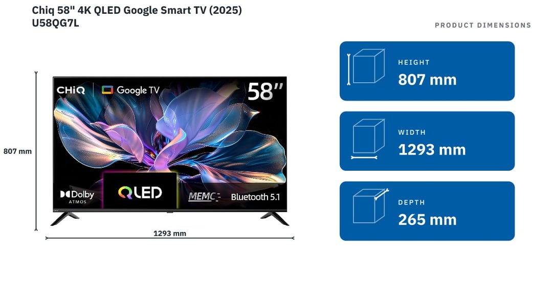 Chiq 58" 4K QLED Google Smart TV (2025) U58QG7L — product dimensions