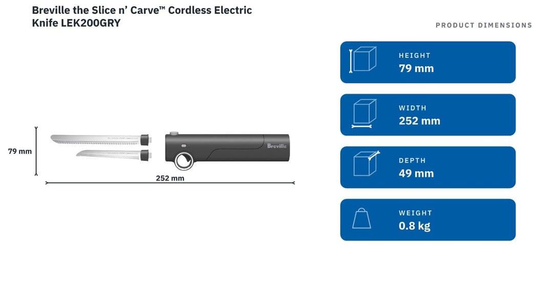 Breville the Slice n’ Carve™ Cordless Electric Knife LEK200GRY — product dimensions