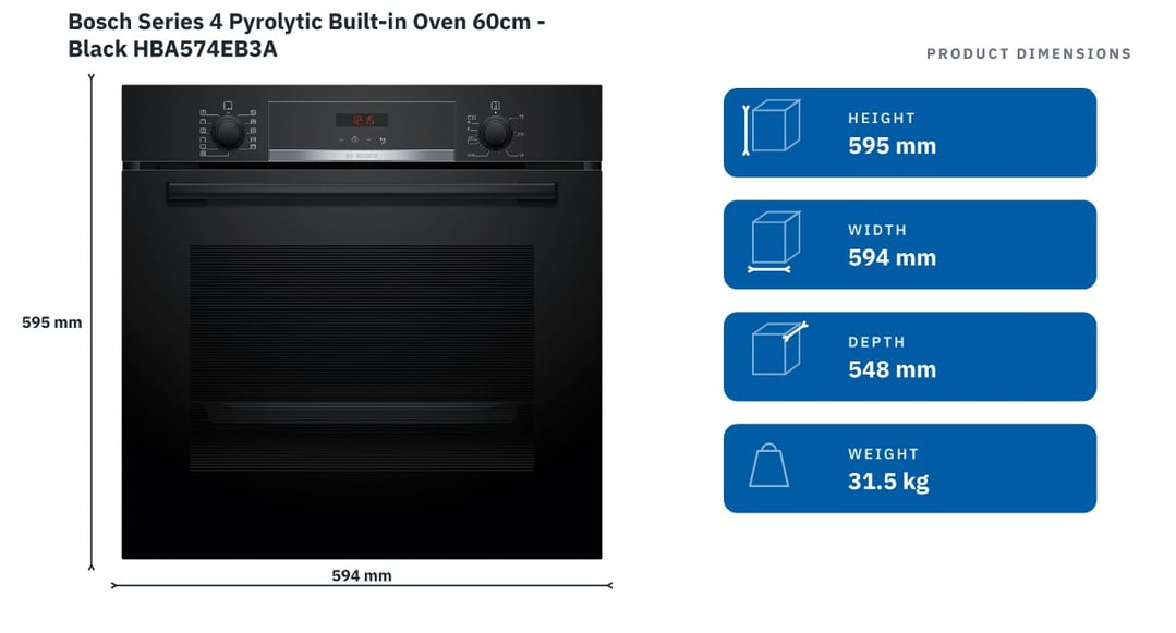 Bosch Series 4 Pyrolytic Built-in Oven 60cm - Black HBA574EB3A — product dimensions