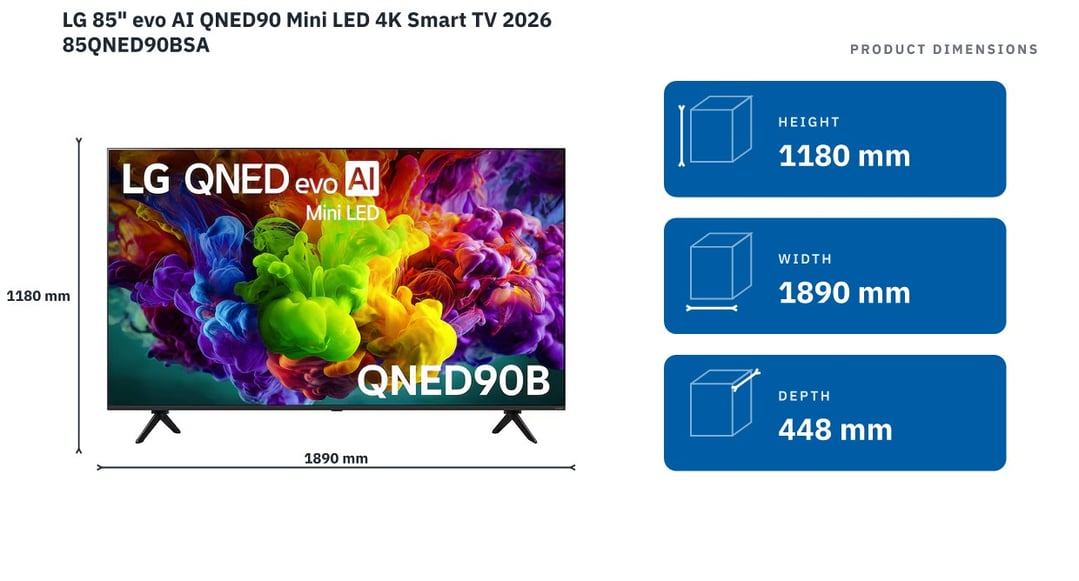 LG 85" evo AI QNED90 Mini LED 4K Smart TV 2026 85QNED90BSA — product dimensions