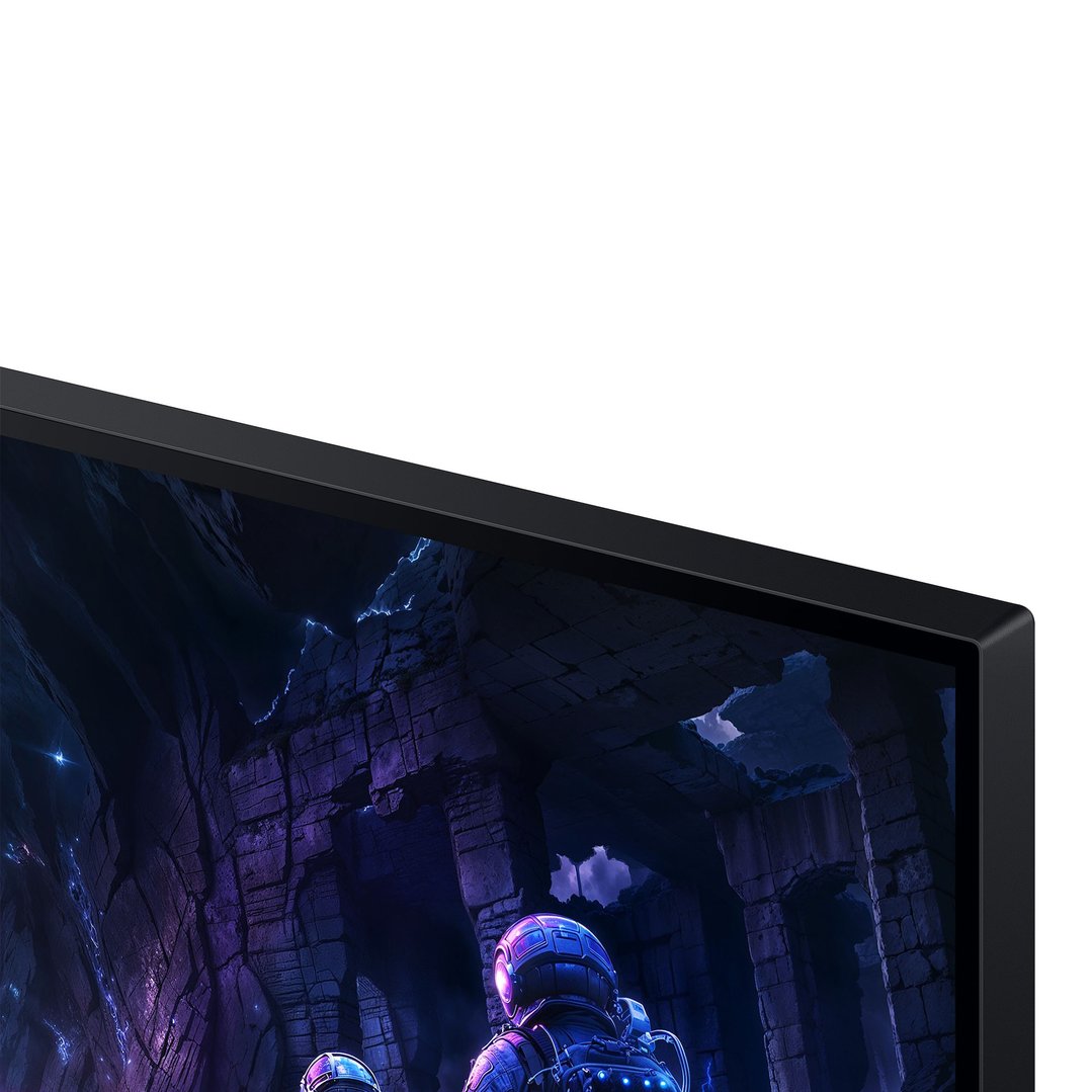 Close-up of a gaming monitor displaying a scene with astronauts in a cave
