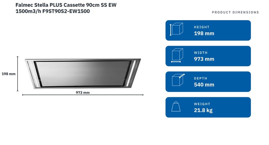 Falmec Stella PLUS Cassette 90cm SS EW 1500m3/h F9ST90S2-EW1500 — product dimensions